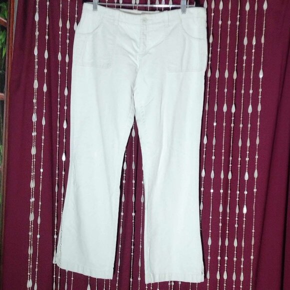 Size 14 Beige Old Navy Buttonfly Jeans w/ Peach Striped Pocket Accents - Picture 1 of 8